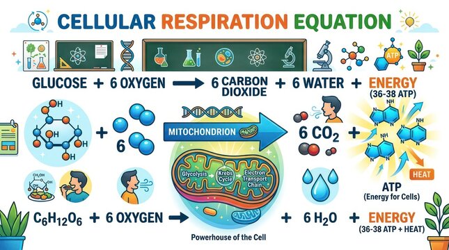 Cellular respiration chemical equation diagram. Biology infographic showing glucose metabolism.