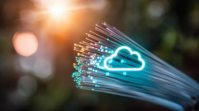 cinematic photograph of fiber optic cables glowing in blue and cyan. At the end of the stream, a luminous cloud computing icon shines in radiant blue. Soft sunlight flares from top-left. Background 