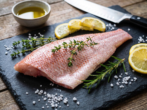 Red snapper fillet with fresh herbs, lemon slices, coarse salt, and olive oil on black slate board, ready for cooking