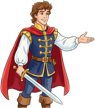 Handsome cartoon prince in royal blue tunic and red cape holding sharp silver sword for fairytale fantasy story vector illustration.

