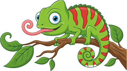 Obraz premium Cute green cartoon chameleon with red stripes sitting on tree branch sticking out long curly tongue, wildlife reptile vector illustration. 