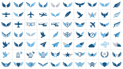 Wings and bird icons displayed in a uniform grid offer a versatile set of symbols representing freedom, aviation, and celestial themes for corporate identity projects. © bolone