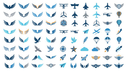 Fototapeta premium Wings and aircraft icons feature a variety of aviation symbols and flight-related imagery designed for travel branding and military insignias.