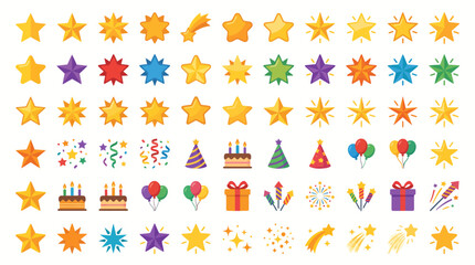 Obraz premium Stars and celebration icons are arranged in a grid to provide a versatile set of festive elements for party invitations and graphic design projects.
