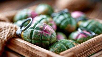 Fototapeta premium Weathered metal hand grenades stored inside a wooden crate, representing military ammunition, warfare, danger, and tactical equipment