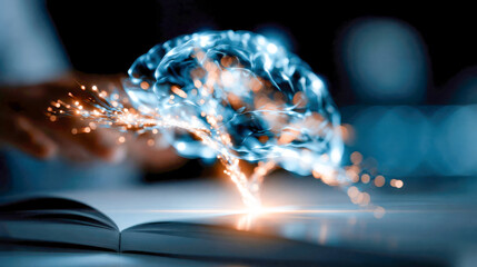 Obraz premium Glowing brain-shaped tree rises from an open book, symbolizing artificial intelligence, knowledge, learning, creativity, and digital growth