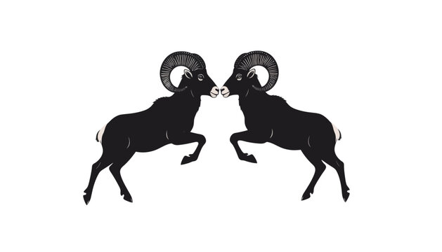 Two wild mountain rams jumping in head to head combat