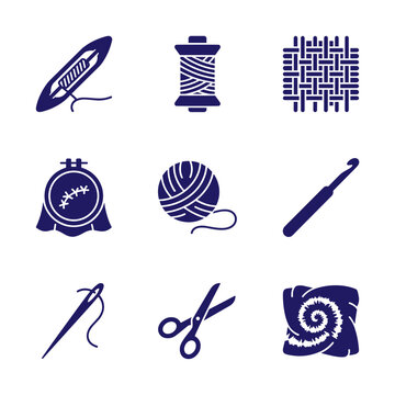 Dark navy sewing and needlework flat icons set with shuttle, thread spool, crochet hook, scissors, yarn ball and embroidery hoop symbols