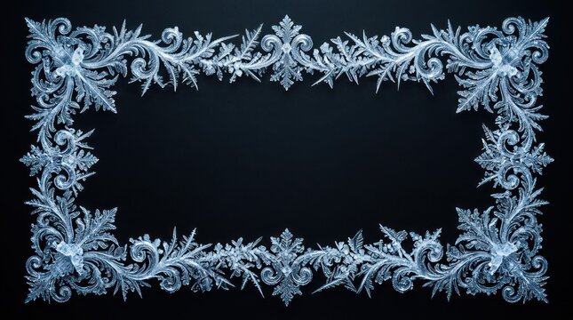 An ornate, frosted frame dominates the image. The frame is a pale blue color and features a complex, swirling, and symmetrical floral design.
