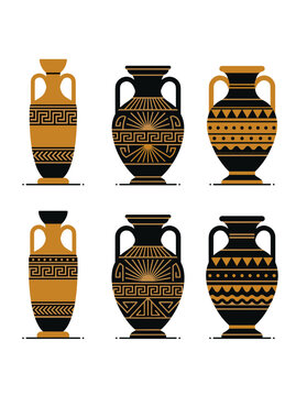 Ancient Greek amphora flat vector icon set, antique ceramic urns with geometric ornament, black and golden pottery collection