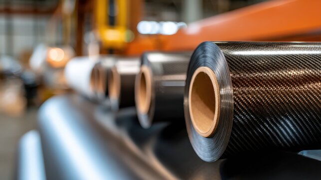 Industrial carbon fiber roll close up on factory production line for product background and technology poster design