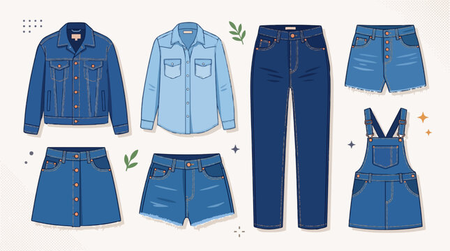 A Set of different jeans clothes vector flat illustration. Collection of stylish denim shirt, trousers, jacket, shorts and skirt isolated. Trendy modern cotton clothing, street style wear
