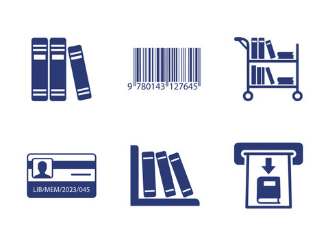 Dark blue library silhouette icons, stacked books, barcode, book trolley, membership card, bookend and document printing graphic collection