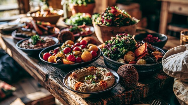 Rustic wooden table with colorful vegan feast including hummus, falafel, fresh salads, roasted vegetables, and flatbread