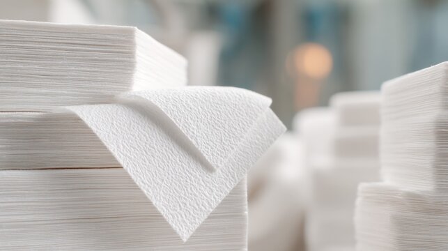 Stacked paper napkin close-up with textured white layers for background, poster and hygiene product design