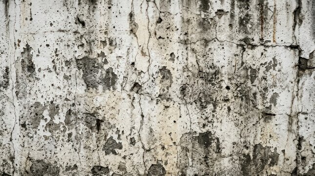 A weathered concrete wall displays extensive cracking and discoloration. The surface is covered in patches of gray and white, revealing the porous nature of the material.