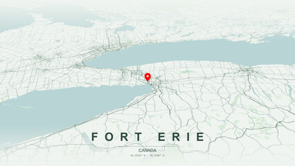 Modern minimalist vector map of Fort Erie, Ontario. High-quality scalable illustration of Fort Erie geographic boundaries along the Niagara River and Lake Erie shorelines for posters design. © AliRza
