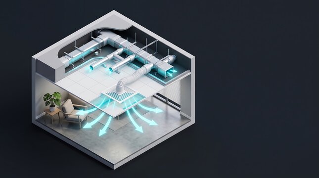 Isometric 3D Home Air Ventilation and HVAC Filtration System Concept