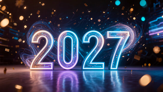 Glowing Neon Blue and Purple 2027 Number Background