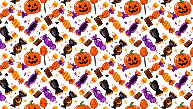 Halloween Candy and Pumpkin Flat Background