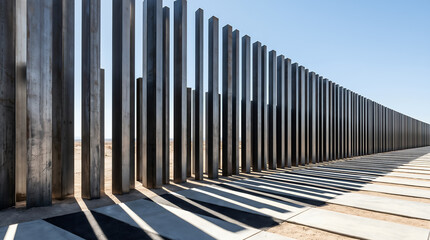 Obraz premium Row of tall steel pillars under sunlight representing cross-border trade barrier and freight logistics security