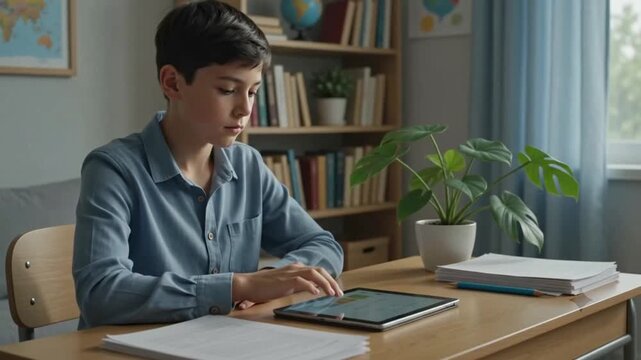 Focused Boy Using Digital Tablet In Calm Morning Home Study Room