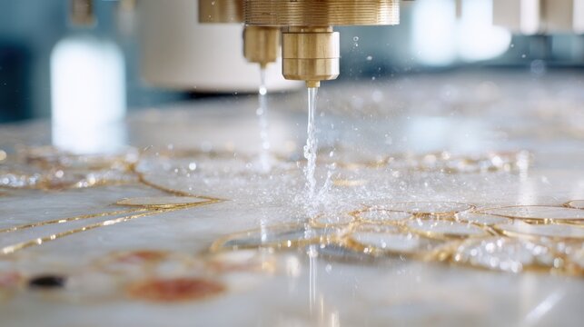 Industrial waterjet marble mosaic cutting process for precision tile fabrication and decorative surface production ideal for design background and poster use