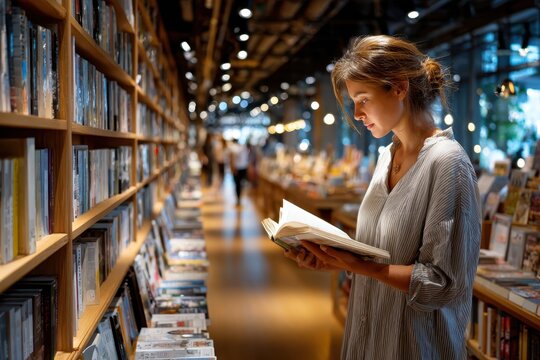 Young woman browsing books in a modern bookstore aisle