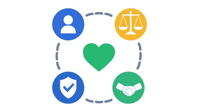 Heart surrounded by user, balance scale, checkmark, and handshake icons, business ethics and corporate social responsibility flat vector motion graphics animation video