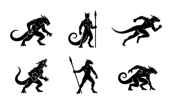 70 Mythical Dragon Warrior Silhouettes, Fantasy Creature Poses, Ancient Reptilian Hunter Icons, Black Vector Set for Gaming and Mythology 100
