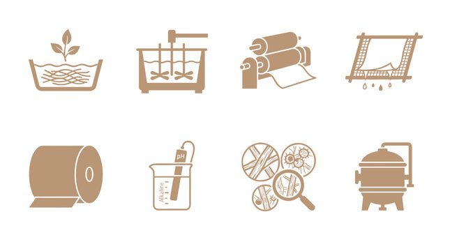 Paper production brown glyph icon set, plant pulp, mixing tank, paper roll, drying net, pH testing and papermaking process symbols