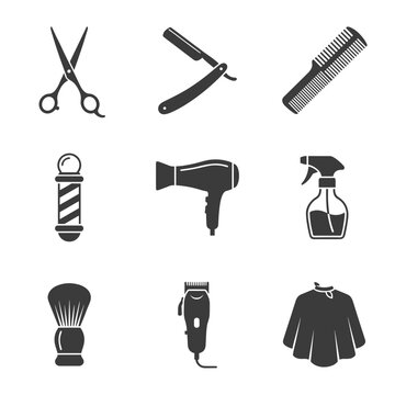 Grey barbershop equipment solid silhouette vector icons, hairdressing scissors, straight razor, comb, hair dryer, clipper, salon cape isolated graphic