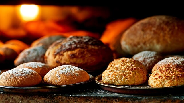 Freshly baked baguettes and sliced bread on a baking tray