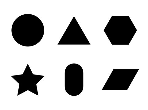Black basic geometric shape solid silhouette icons, circle, triangle, hexagon, star, rounded rectangle and parallelogram on white background