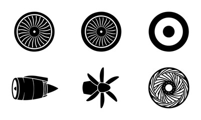 70 Jet Engine Components Vector Icons, Turbine Blades, Propeller, Aircraft Powerplant Elements, Aviation Technology Symbols, Black and White Set 100 © Abu