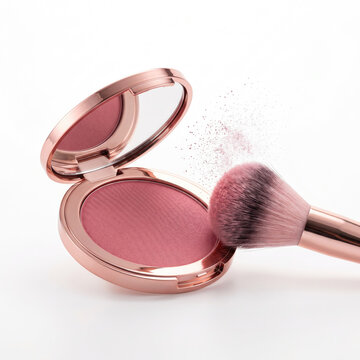 Elegant rose gold compact blush and brush for radiant makeup