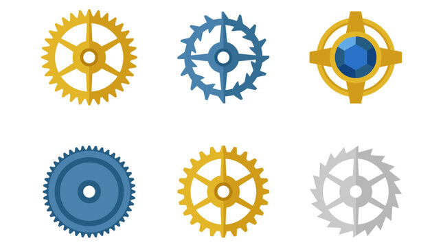 Flat colorful mechanical gear icon collection with different sized cogwheels and ornate mechanical wheel isolated on white background