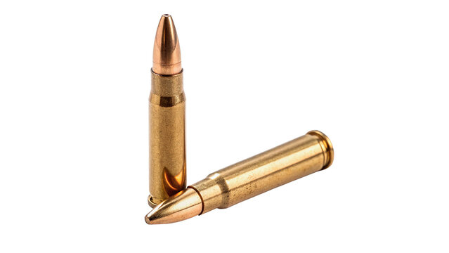 Two metallic sharp rifle bullet ammunition cartriges horizontal isolated on transparent background cut out