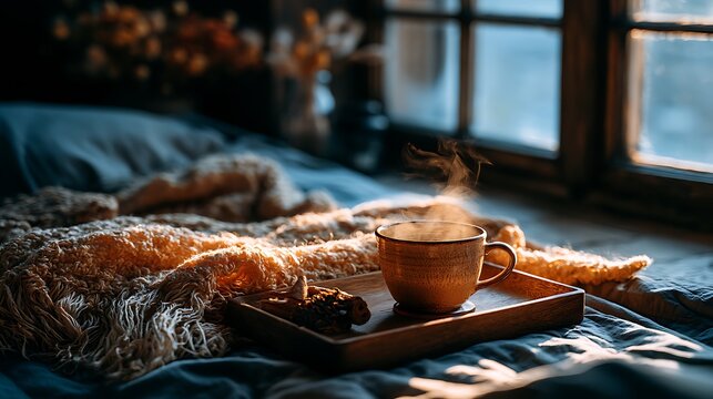 Freshly baked bread loaf on rustic wooden board with wheat stalks
