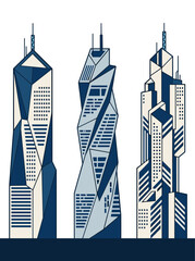 Obraz premium Modern geometric skyscrapers vector illustration, twisted high rise office buildings contemporary city architecture on white background