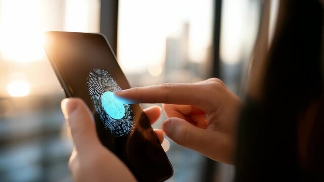 Closeup of a hand unlocking a mobile device with a fingerprint sensor, highlighting advanced security features. Biometric identification is essential for digital privacy and convenience