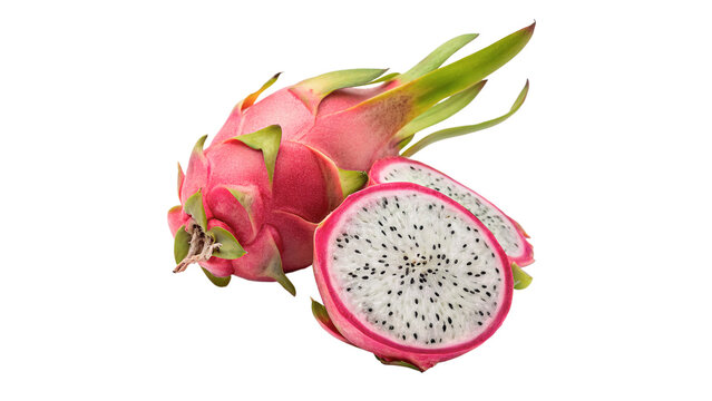 Fresh ripe exotic pink dragonfruit cut in half isolated on transparent background