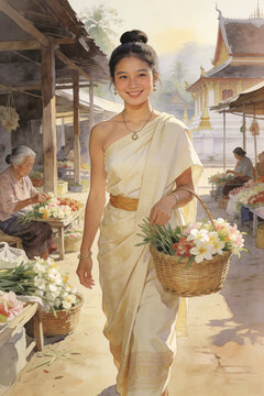 Lao woman walking through morning flower market in Luang Prabang
