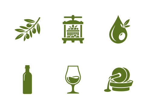 Olive oil production green silhouette icon set with olive branch, fruit press, oil drop, bottle and stone mill symbols