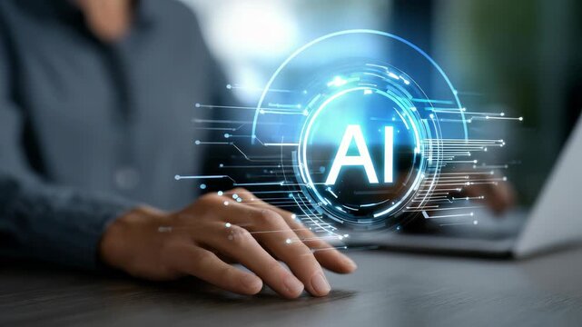 A close up view of hands typing on a laptop with a virtual AI icon and circuit lines representing artificial intelligence. The image symbolizes digital transformation and smart solutions