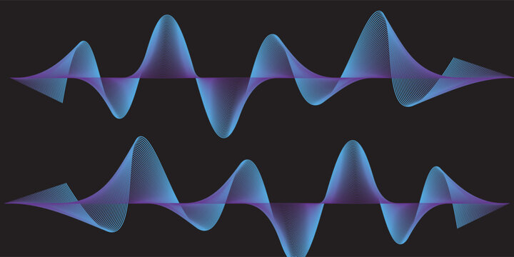 Abstract dynamic sound wave lines flowing colorful blue purple light isolated on black background. Vector illustration