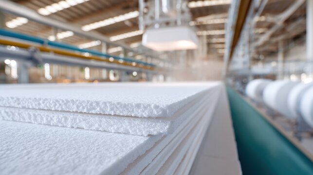 Stacked foam sheet production line for insulation manufacturing background and industrial design banner showing polystyrene panels in factory interior