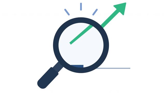 Magnifying glass with green growth arrow rising, business opportunity research and performance analysis flat vector motion graphics animation video