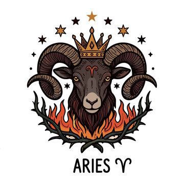 Stylized illustration of an Aries zodiac sign ram wearing a crown with fire and stars.