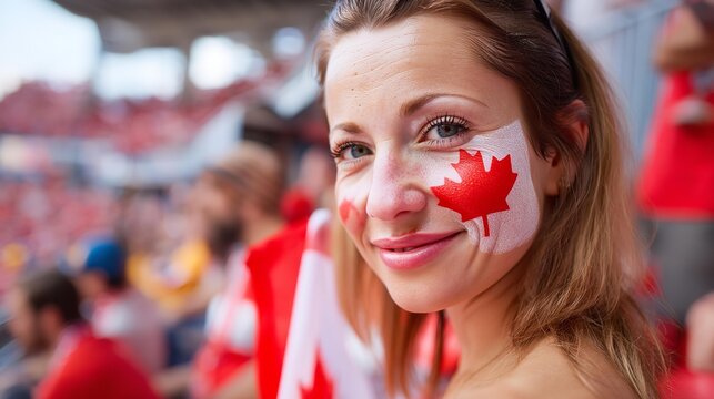 Joyful Canadian woman with painted Canada flag face